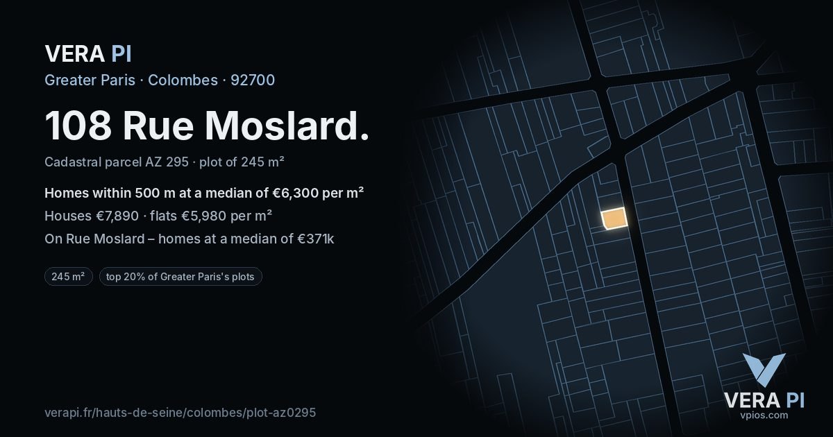 108 Rue Moslard, Colombes at night – the plot lit, the parcels around coloured by the prices near them