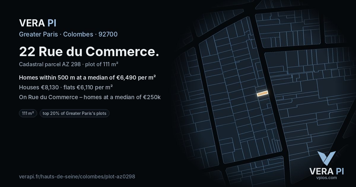 22 Rue du Commerce, Colombes at night – the plot lit, the parcels around coloured by the prices near them