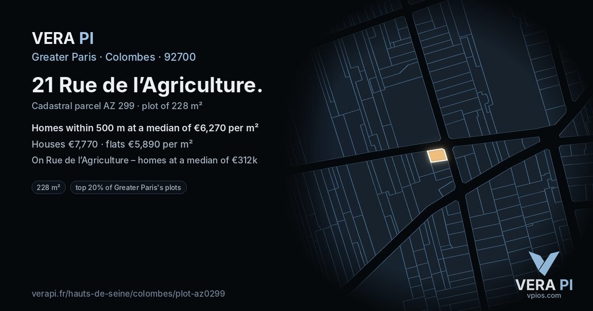 21 Rue de l’Agriculture, Colombes at night – the plot lit, the parcels around coloured by the prices near them