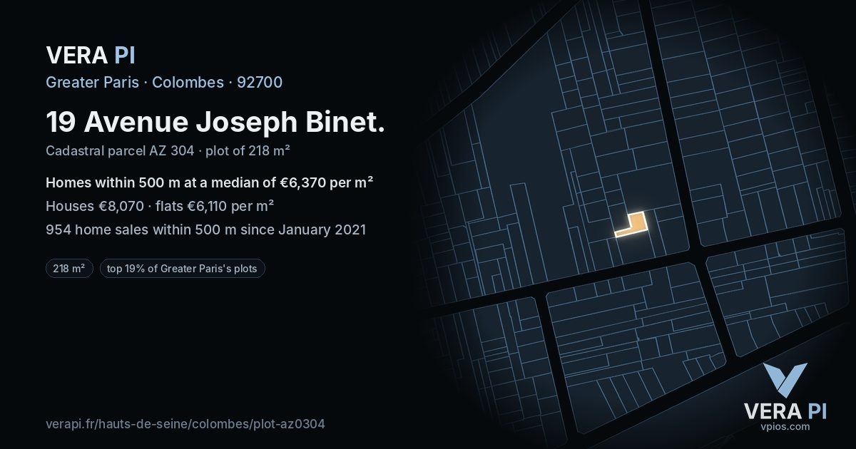 19 Avenue Joseph Binet, Colombes at night – the plot lit, the parcels around coloured by the prices near them
