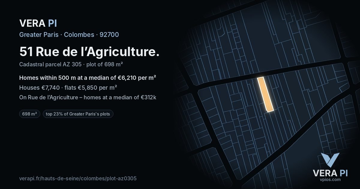 51 Rue de l’Agriculture, Colombes at night – the plot lit, the parcels around coloured by the prices near them