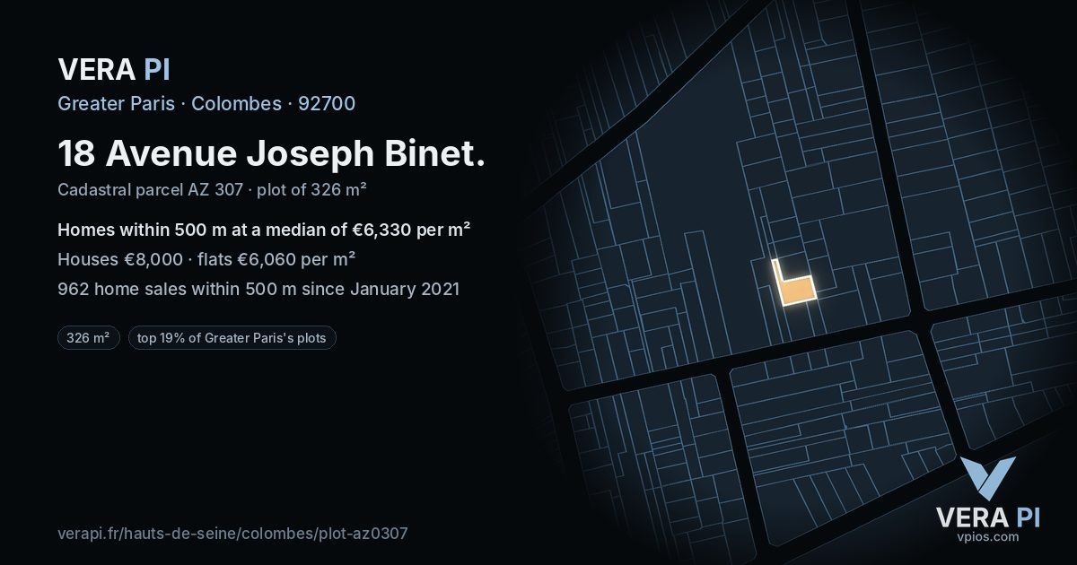 18 Avenue Joseph Binet, Colombes at night – the plot lit, the parcels around coloured by the prices near them