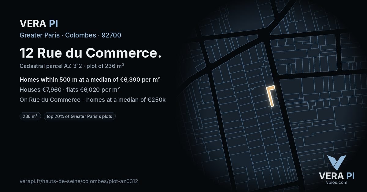 12 Rue du Commerce, Colombes at night – the plot lit, the parcels around coloured by the prices near them