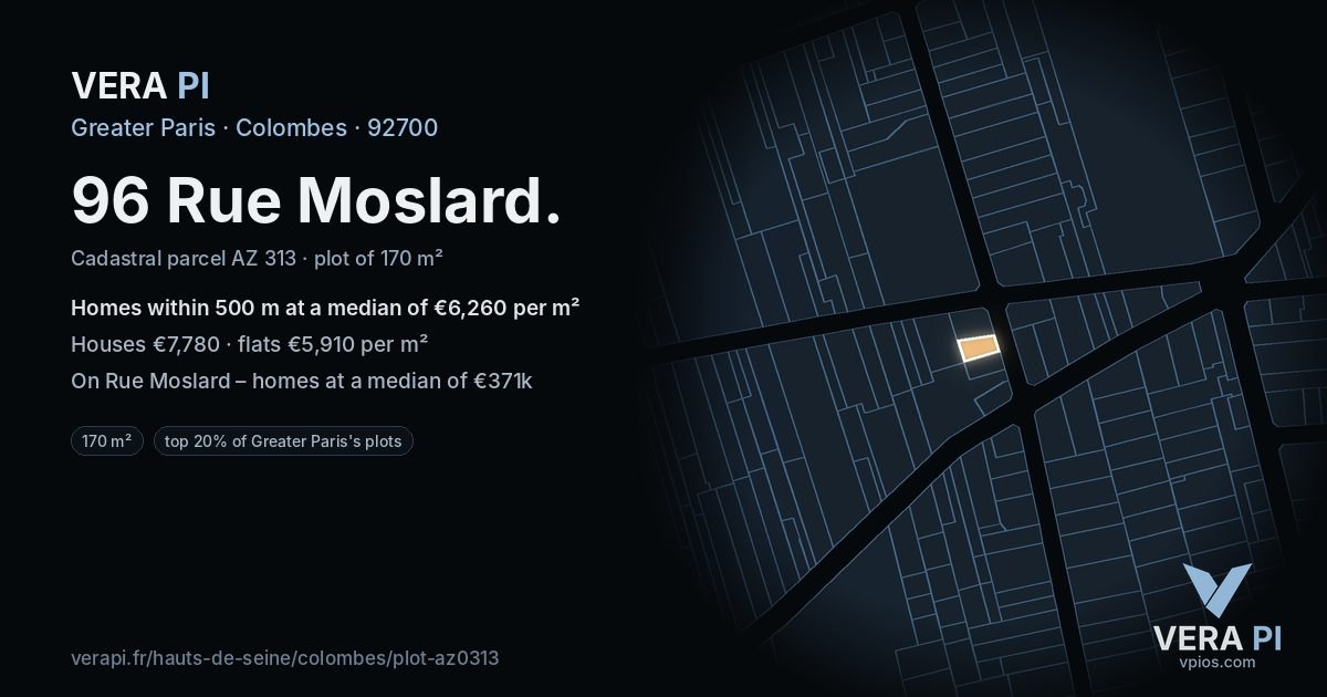 96 Rue Moslard, Colombes at night – the plot lit, the parcels around coloured by the prices near them
