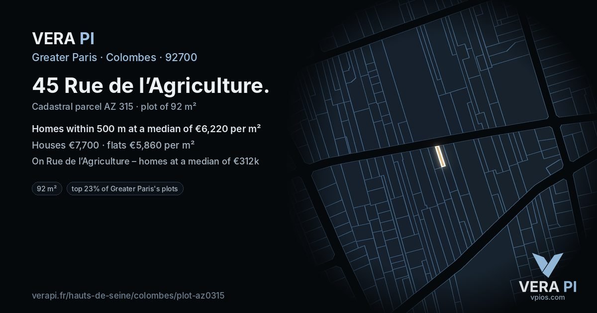 45 Rue de l’Agriculture, Colombes at night – the plot lit, the parcels around coloured by the prices near them