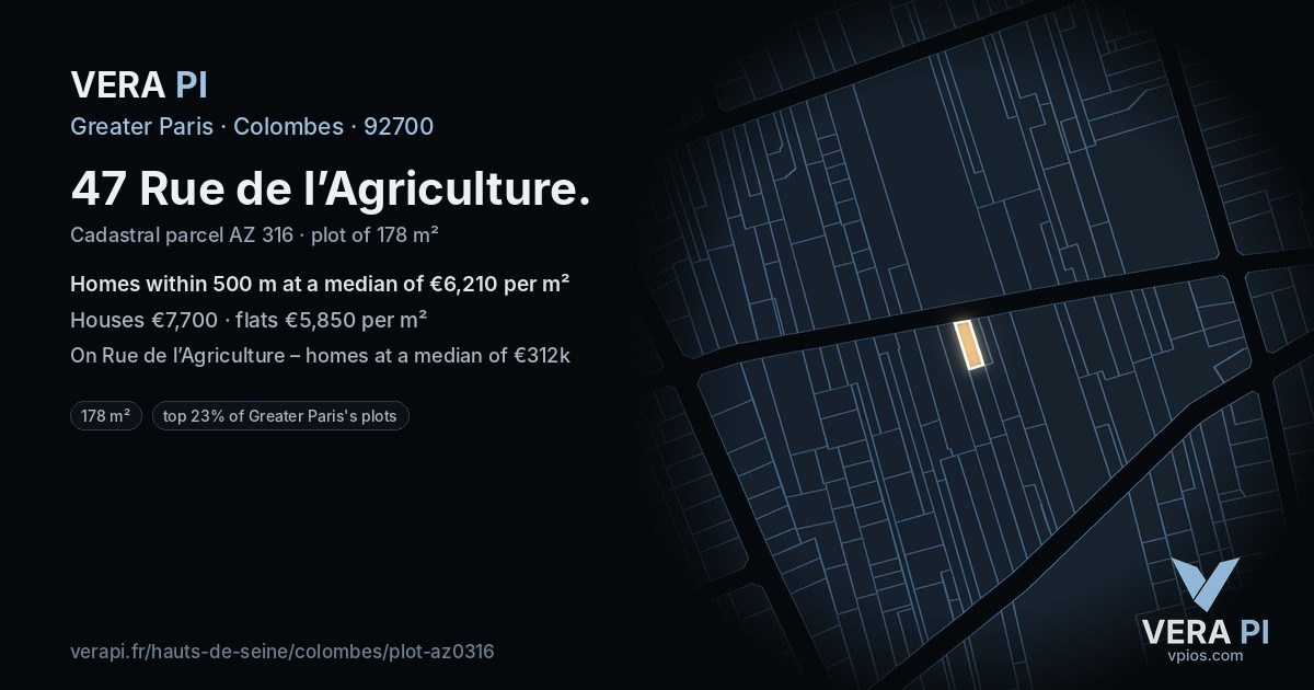 47 Rue de l’Agriculture, Colombes at night – the plot lit, the parcels around coloured by the prices near them
