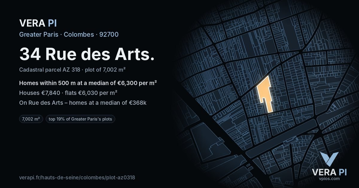 34 Rue des Arts, Colombes at night – the plot lit, the parcels around coloured by the prices near them