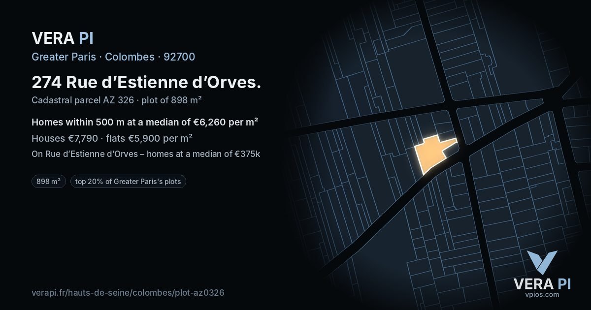 274 Rue d’Estienne d’Orves, Colombes at night – the plot lit, the parcels around coloured by the prices near them