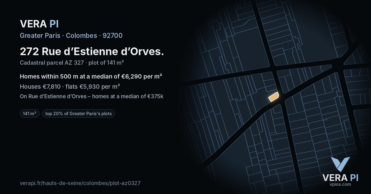 272 Rue d’Estienne d’Orves, Colombes at night – the plot lit, the parcels around coloured by the prices near them