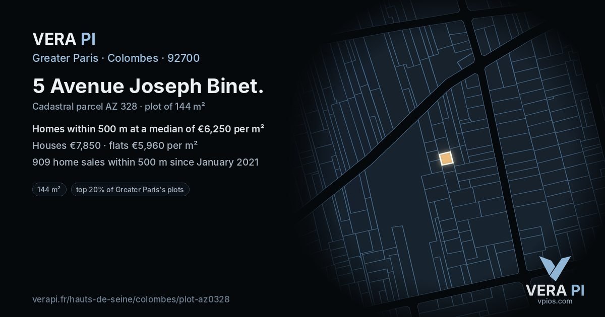 5 Avenue Joseph Binet, Colombes at night – the plot lit, the parcels around coloured by the prices near them