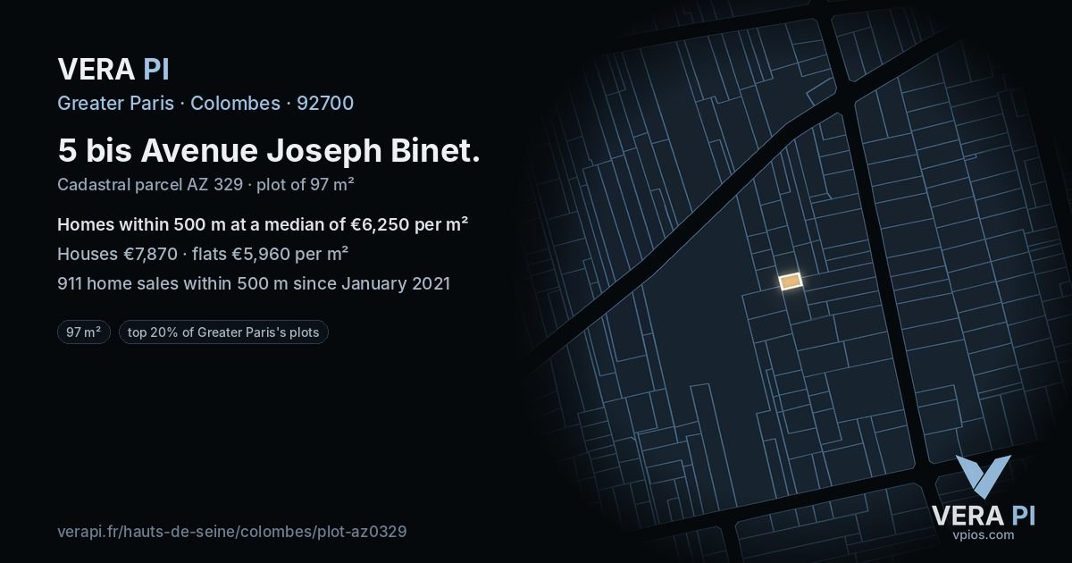 5 bis Avenue Joseph Binet, Colombes at night – the plot lit, the parcels around coloured by the prices near them