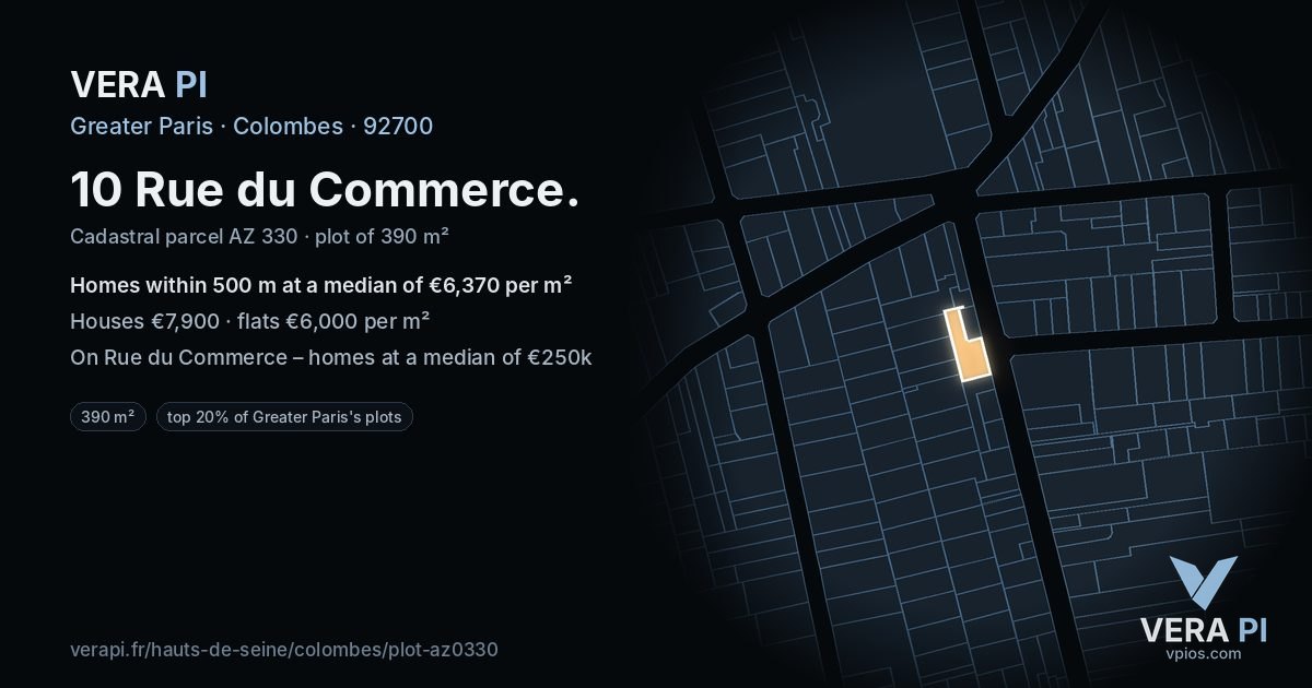 10 Rue du Commerce, Colombes at night – the plot lit, the parcels around coloured by the prices near them