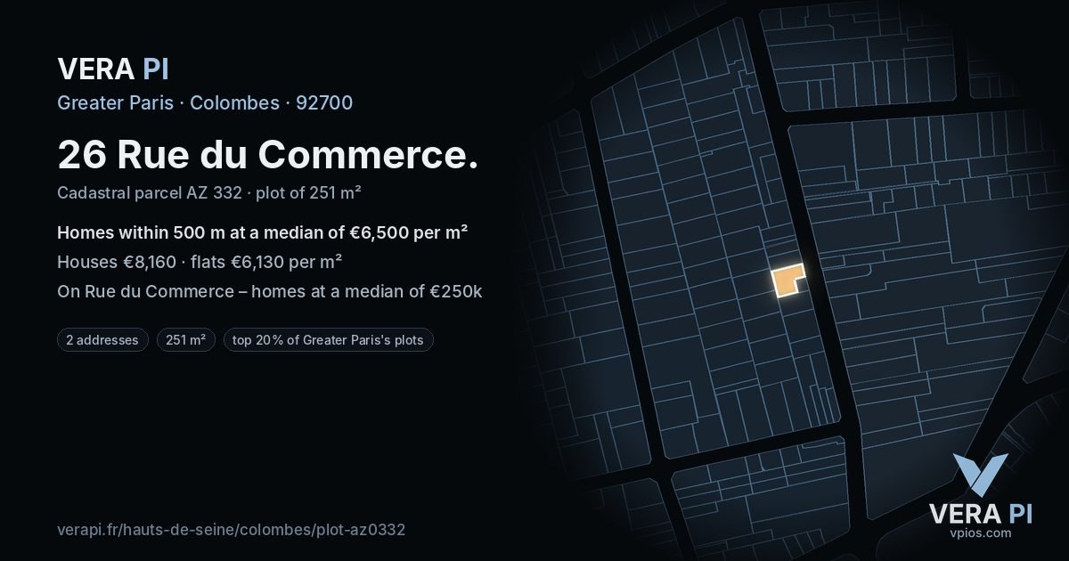 26 Rue du Commerce, Colombes at night – the plot lit, the parcels around coloured by the prices near them