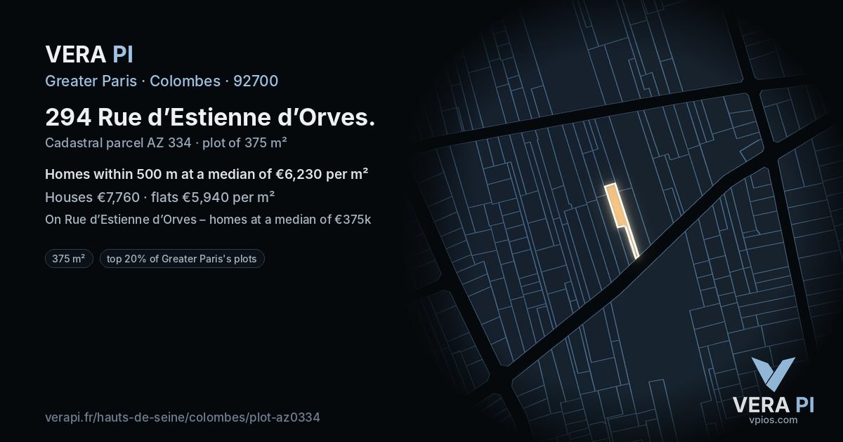 294 Rue d’Estienne d’Orves, Colombes at night – the plot lit, the parcels around coloured by the prices near them