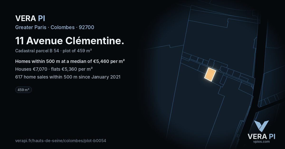 11 Avenue Clémentine, Colombes at night – the plot lit, the parcels around coloured by the prices near them