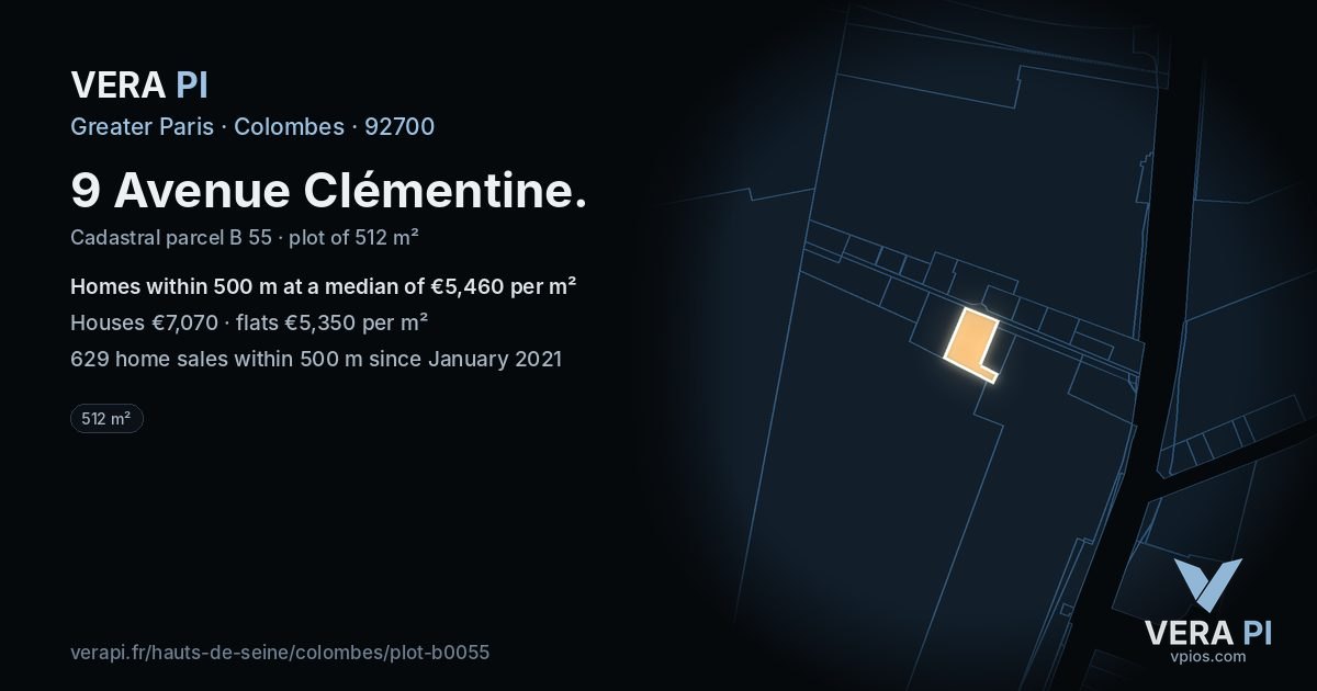 9 Avenue Clémentine, Colombes at night – the plot lit, the parcels around coloured by the prices near them