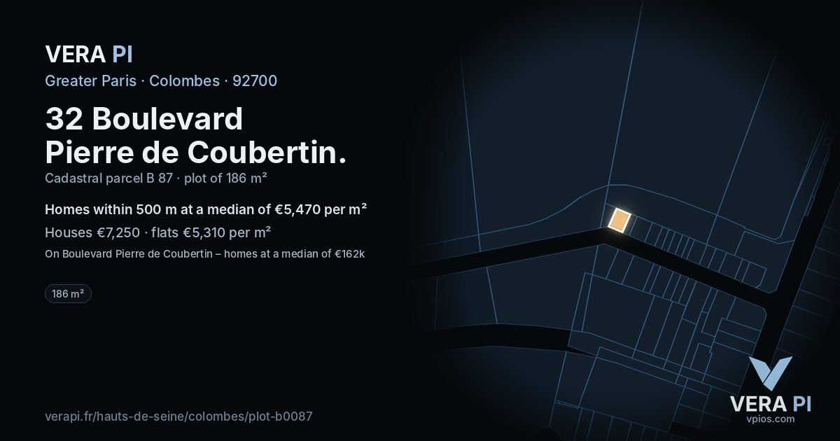 32 Boulevard Pierre de Coubertin, Colombes at night – the plot lit, the parcels around coloured by the prices near them