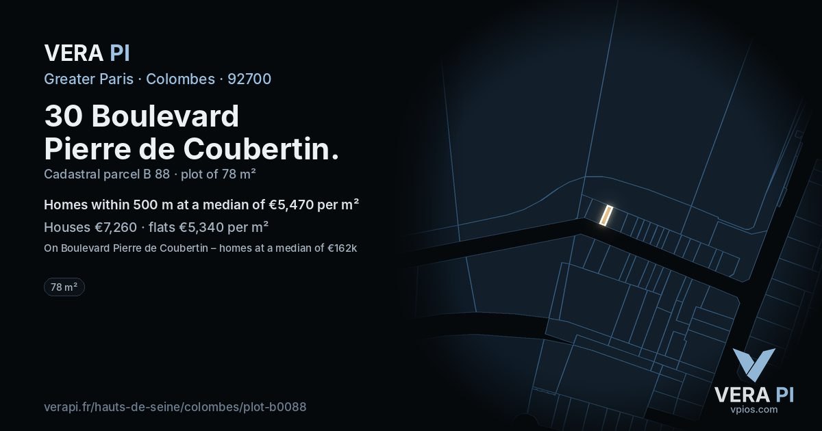 30 Boulevard Pierre de Coubertin, Colombes at night – the plot lit, the parcels around coloured by the prices near them