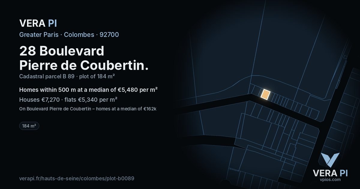 28 Boulevard Pierre de Coubertin, Colombes at night – the plot lit, the parcels around coloured by the prices near them