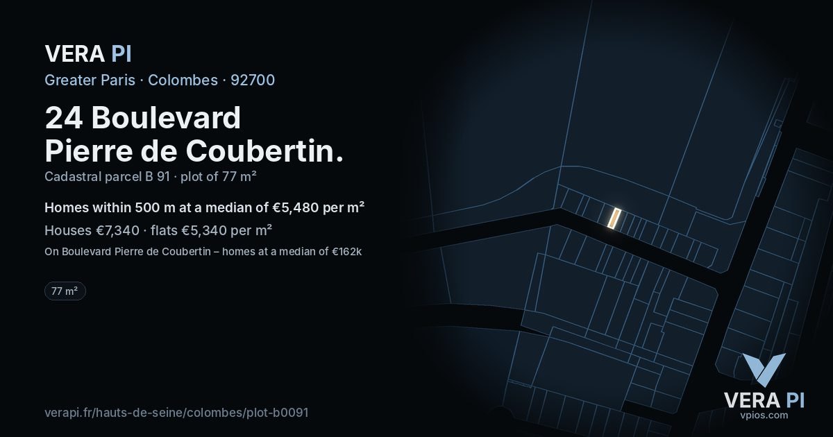 24 Boulevard Pierre de Coubertin, Colombes at night – the plot lit, the parcels around coloured by the prices near them
