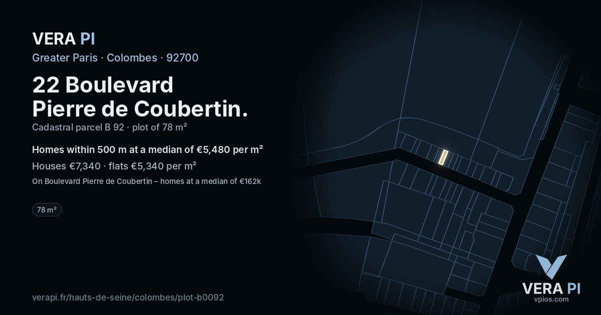 22 Boulevard Pierre de Coubertin, Colombes at night – the plot lit, the parcels around coloured by the prices near them
