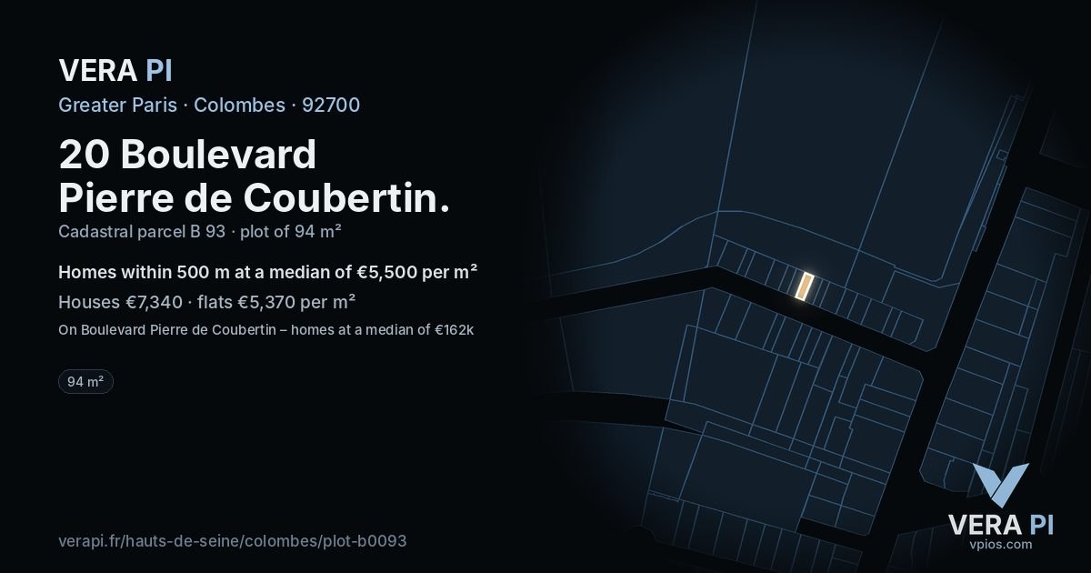 20 Boulevard Pierre de Coubertin, Colombes at night – the plot lit, the parcels around coloured by the prices near them
