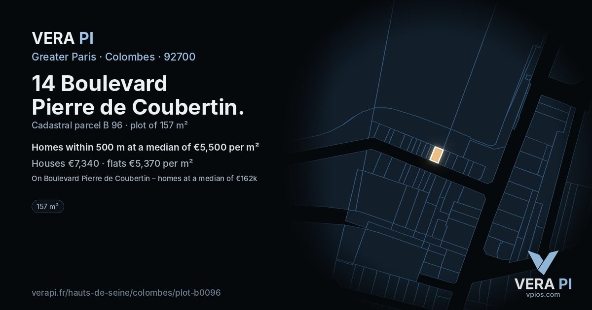 14 Boulevard Pierre de Coubertin, Colombes at night – the plot lit, the parcels around coloured by the prices near them