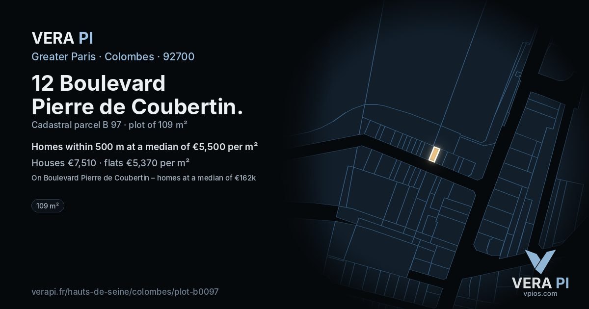 12 Boulevard Pierre de Coubertin, Colombes at night – the plot lit, the parcels around coloured by the prices near them
