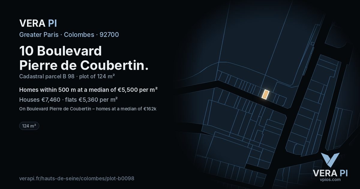 10 Boulevard Pierre de Coubertin, Colombes at night – the plot lit, the parcels around coloured by the prices near them
