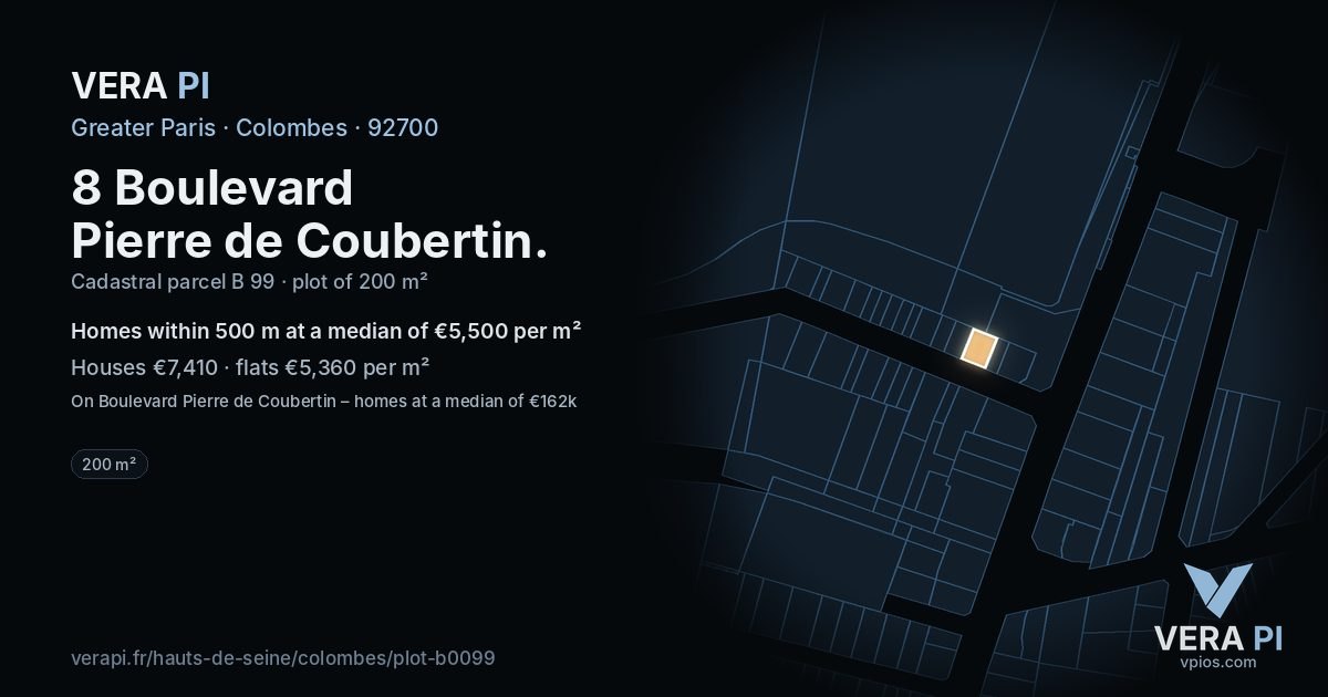 8 Boulevard Pierre de Coubertin, Colombes at night – the plot lit, the parcels around coloured by the prices near them