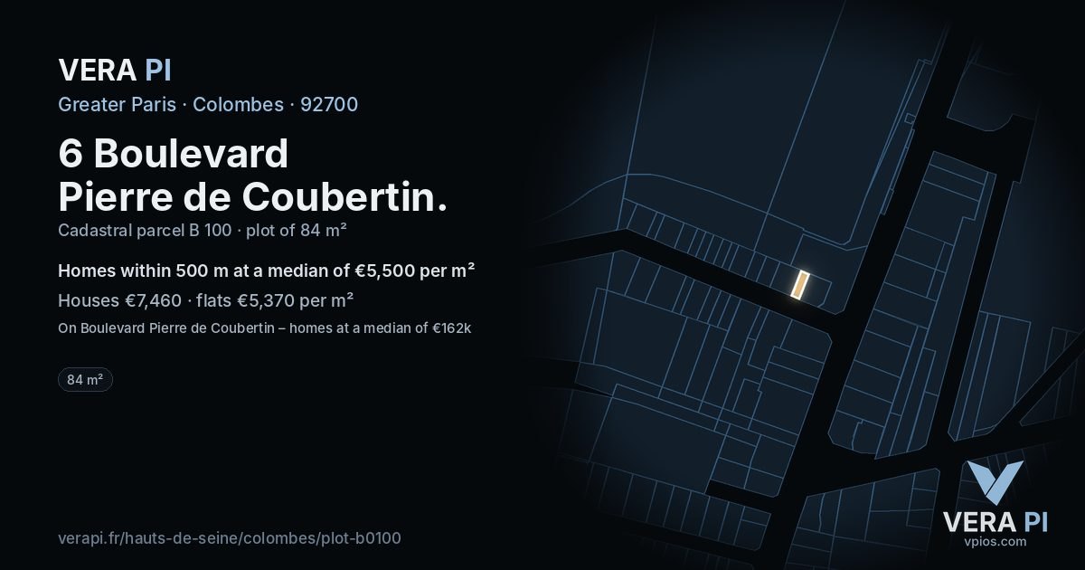 6 Boulevard Pierre de Coubertin, Colombes at night – the plot lit, the parcels around coloured by the prices near them