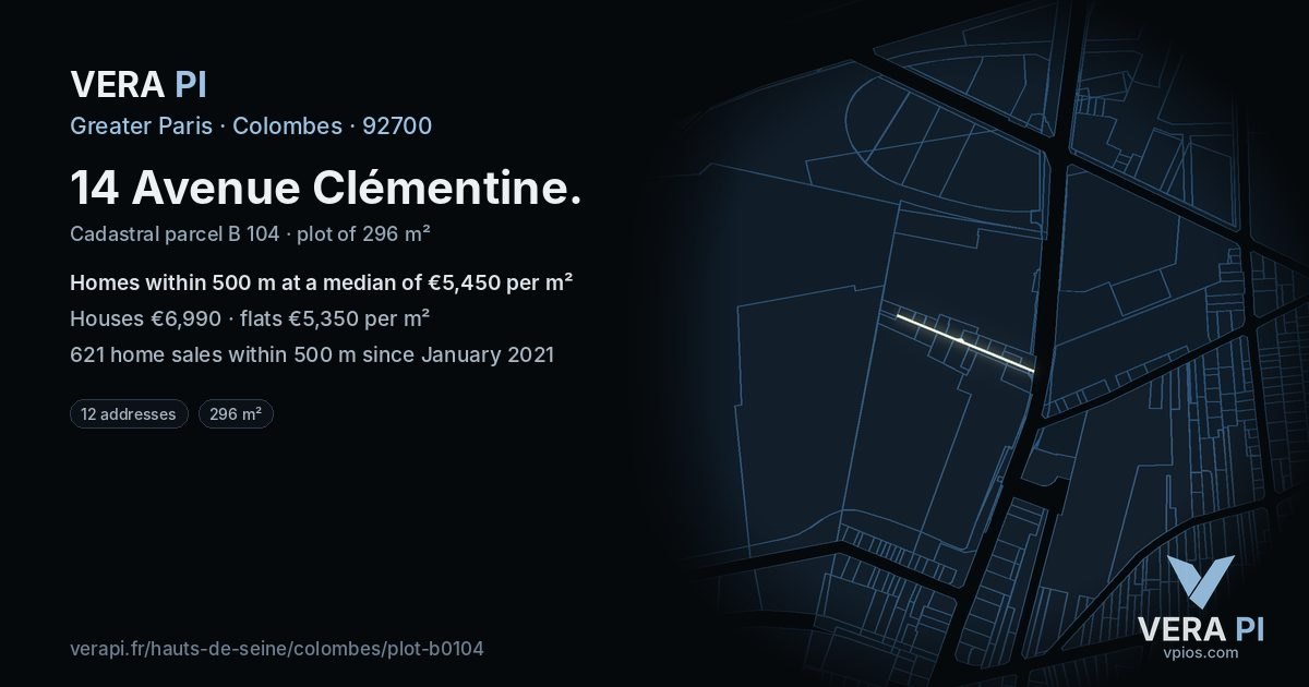 14 Avenue Clémentine, Colombes at night – the plot lit, the parcels around coloured by the prices near them
