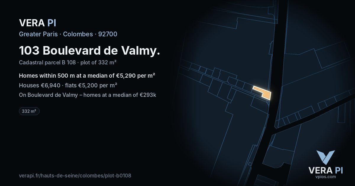 103 Boulevard de Valmy, Colombes at night – the plot lit, the parcels around coloured by the prices near them