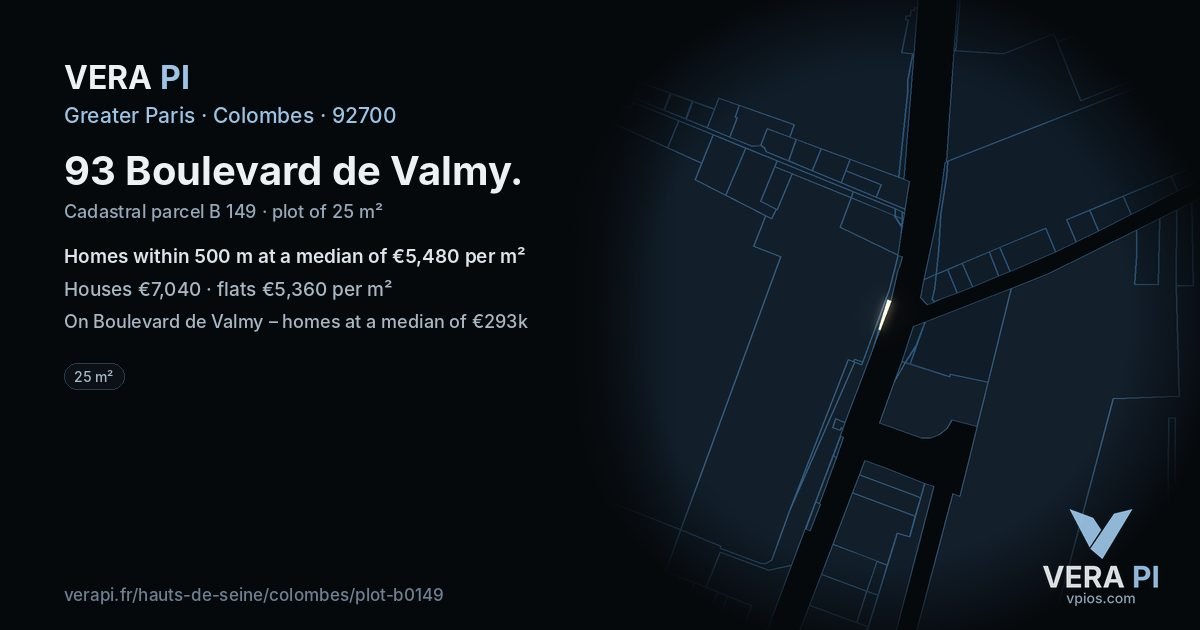93 Boulevard de Valmy, Colombes at night – the plot lit, the parcels around coloured by the prices near them
