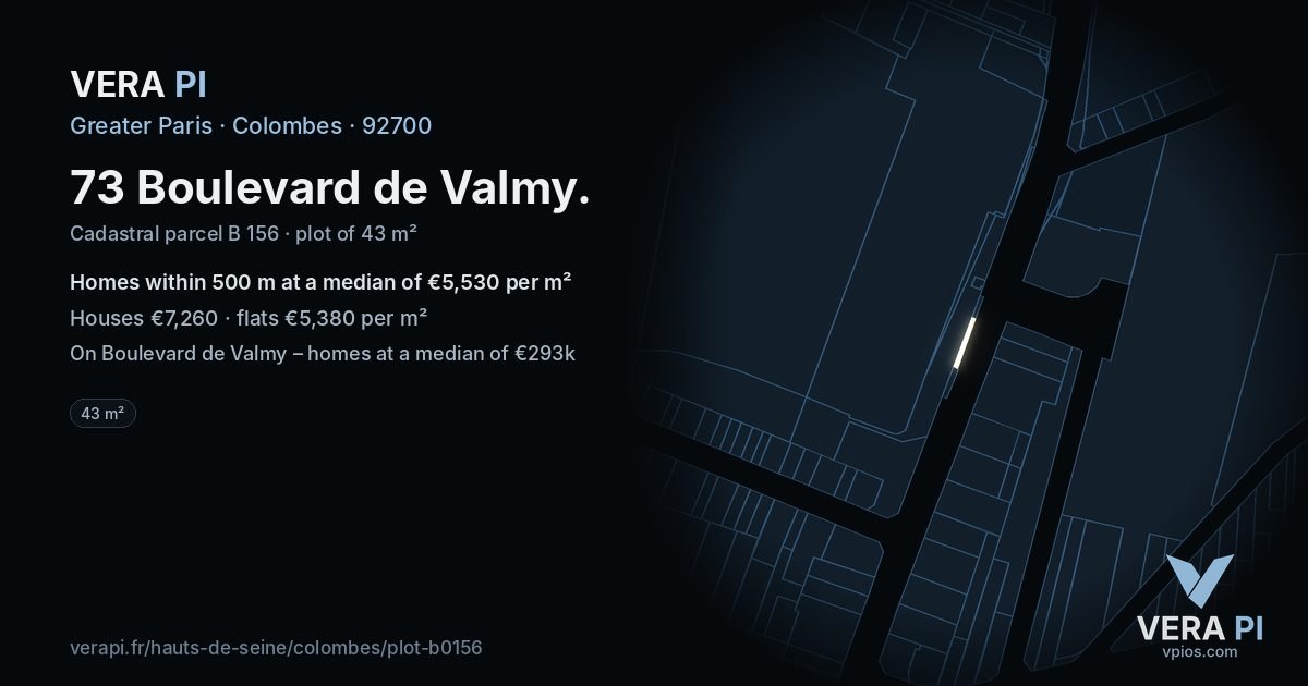 73 Boulevard de Valmy, Colombes at night – the plot lit, the parcels around coloured by the prices near them