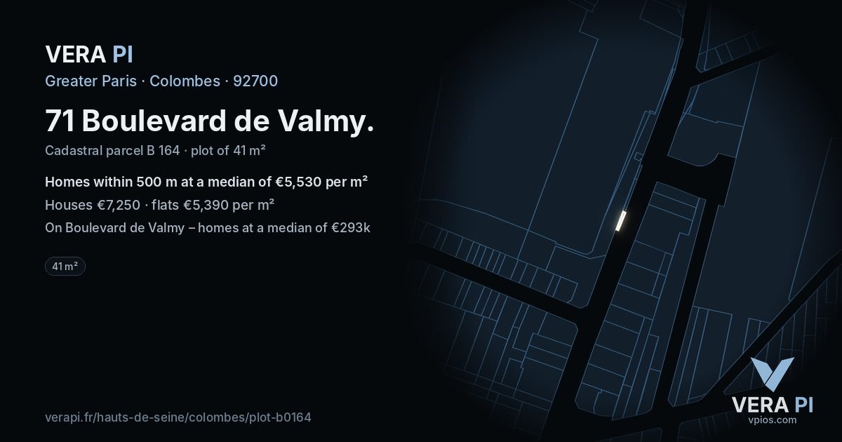 71 Boulevard de Valmy, Colombes at night – the plot lit, the parcels around coloured by the prices near them