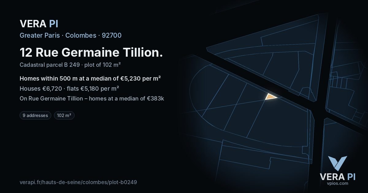 12 Rue Germaine Tillion, Colombes at night – the plot lit, the parcels around coloured by the prices near them
