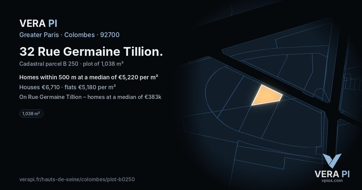 32 Rue Germaine Tillion, Colombes at night – the plot lit, the parcels around coloured by the prices near them