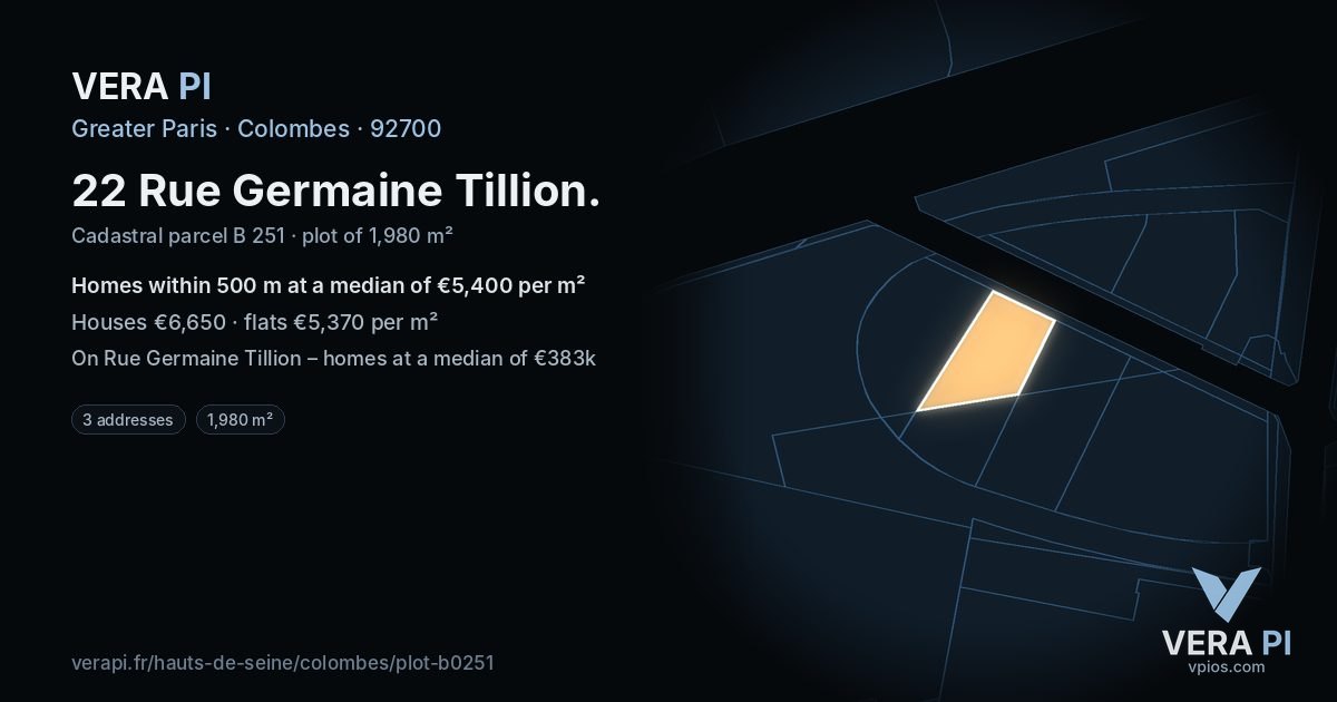 22 Rue Germaine Tillion, Colombes at night – the plot lit, the parcels around coloured by the prices near them