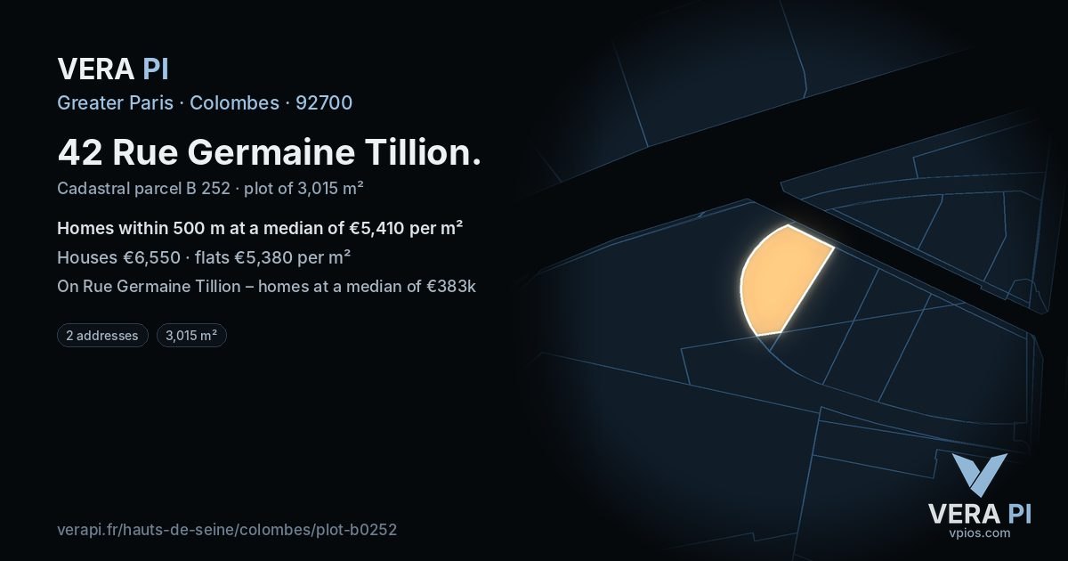 42 Rue Germaine Tillion, Colombes at night – the plot lit, the parcels around coloured by the prices near them