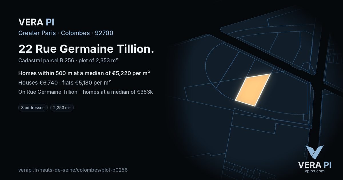 22 Rue Germaine Tillion, Colombes at night – the plot lit, the parcels around coloured by the prices near them