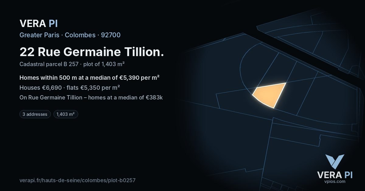 22 Rue Germaine Tillion, Colombes at night – the plot lit, the parcels around coloured by the prices near them