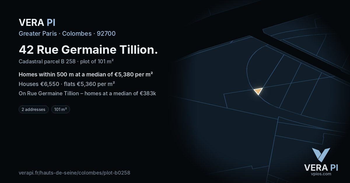 42 Rue Germaine Tillion, Colombes at night – the plot lit, the parcels around coloured by the prices near them