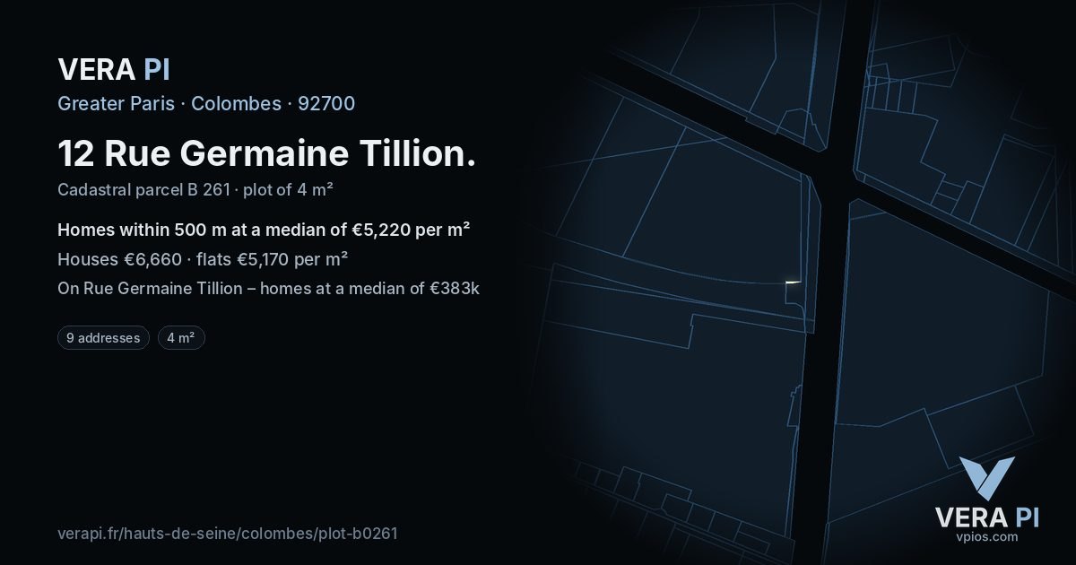 12 Rue Germaine Tillion, Colombes at night – the plot lit, the parcels around coloured by the prices near them