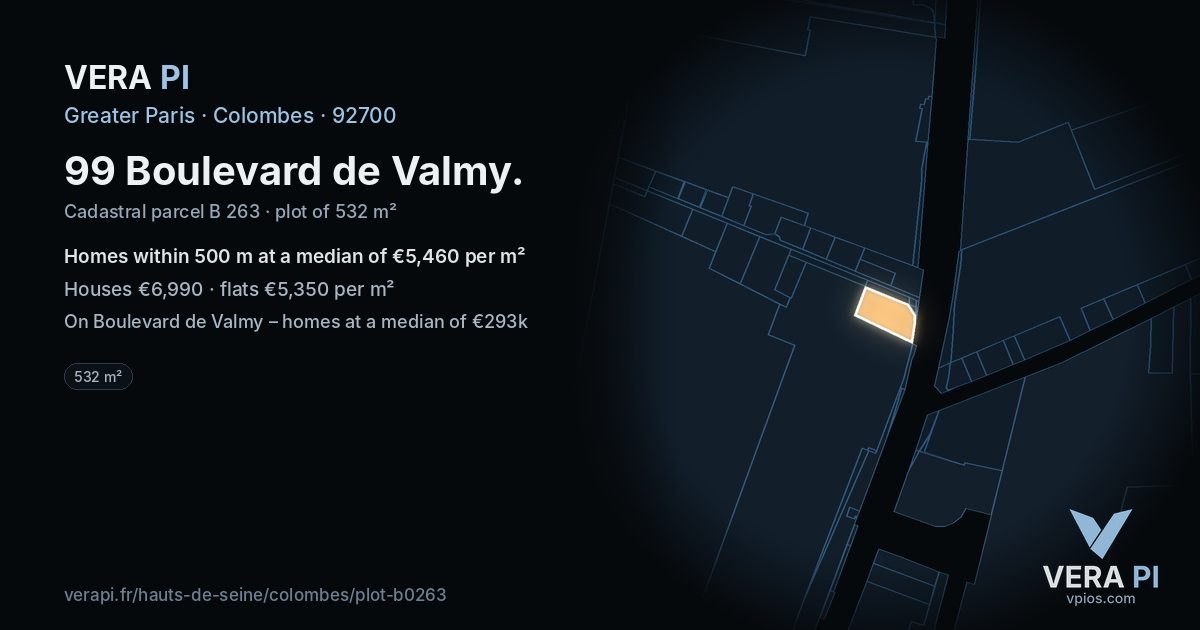 99 Boulevard de Valmy, Colombes at night – the plot lit, the parcels around coloured by the prices near them
