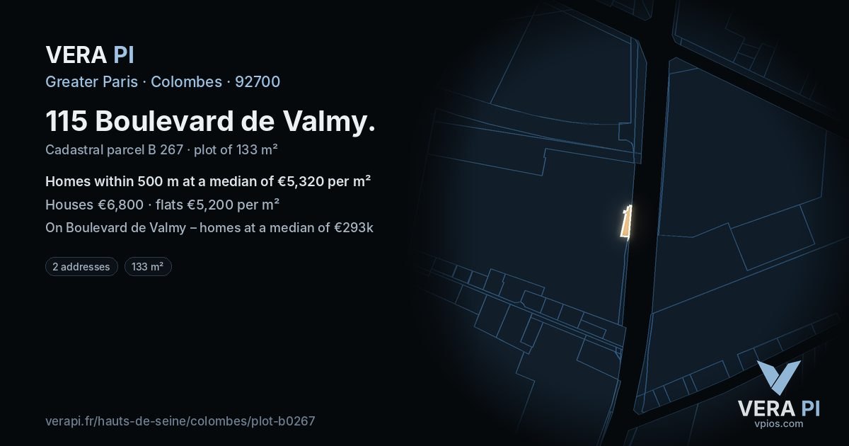 115 Boulevard de Valmy, Colombes at night – the plot lit, the parcels around coloured by the prices near them