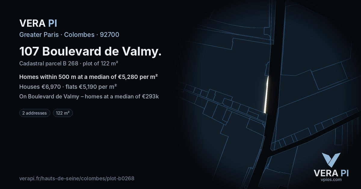 107 Boulevard de Valmy, Colombes at night – the plot lit, the parcels around coloured by the prices near them