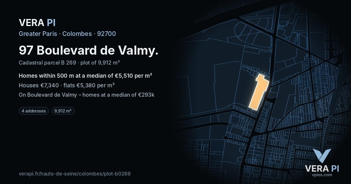 97 Boulevard de Valmy, Colombes at night – the plot lit, the parcels around coloured by the prices near them