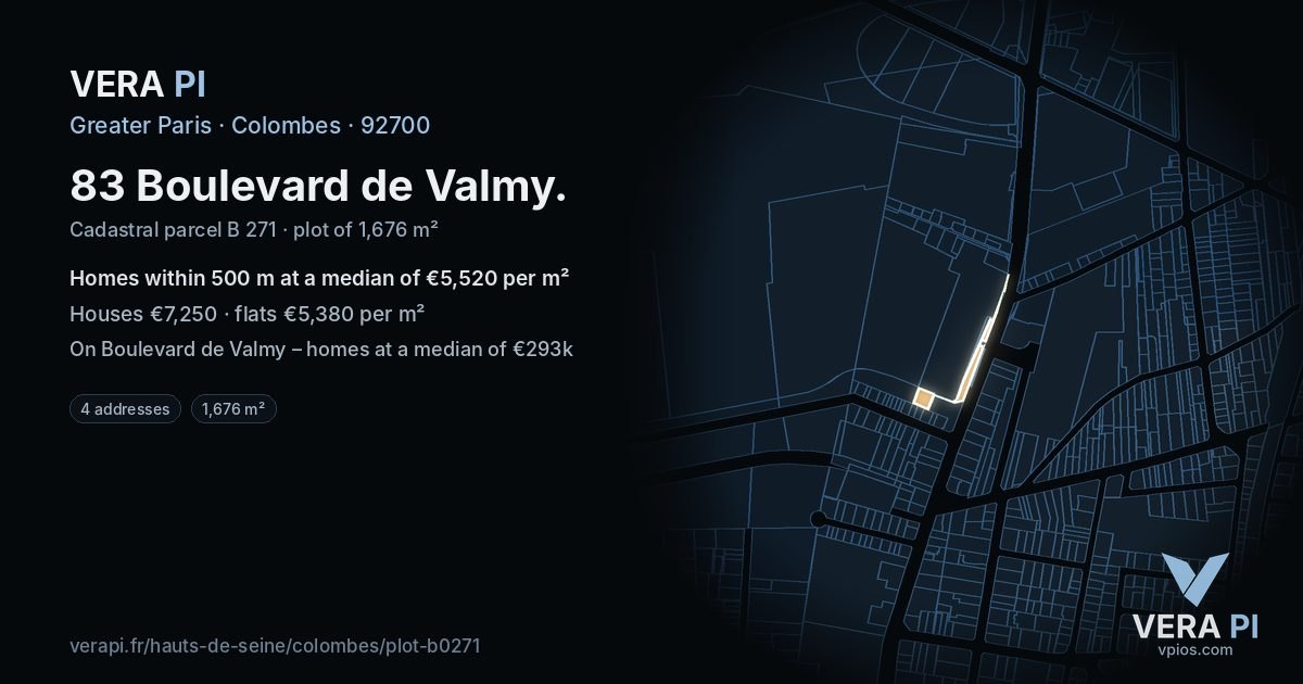 83 Boulevard de Valmy, Colombes at night – the plot lit, the parcels around coloured by the prices near them