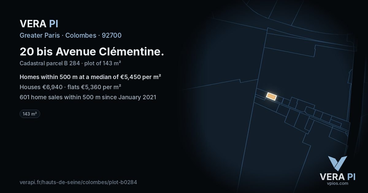 20 bis Avenue Clémentine, Colombes at night – the plot lit, the parcels around coloured by the prices near them